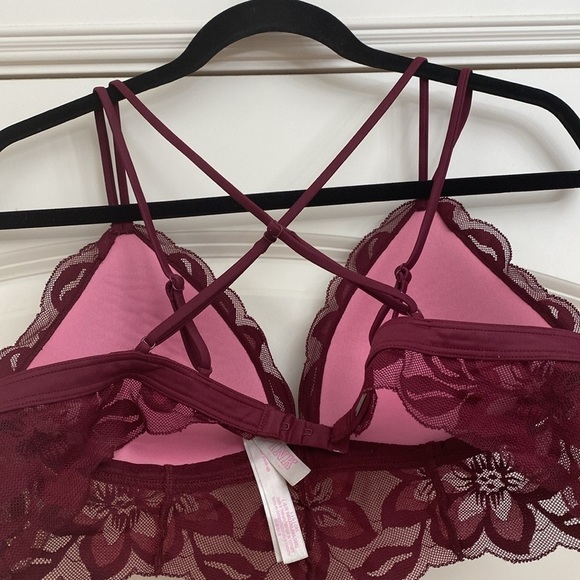 PINK By Victoria's Secret Bralette Womens L Wireless padded Lace Push Up Maroon - Picture 3 of 10